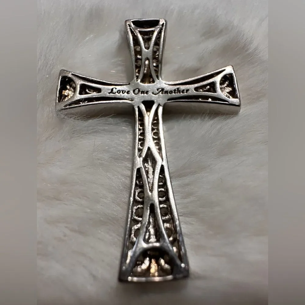 Sterling Silver 925 Cross Pendant With White CZ Stones Modern Curved Design